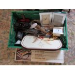 Lot of sundries including canvas stretcher, camera, binoculars, and tools etc