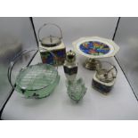 Chinese biscuit barrel, pedestal dish, sugar shaker, lidded pot plus 2 green glass pot pourri bowls