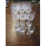 Cut stemmed glasses and a set of r port/sherry glasses with etched flowers