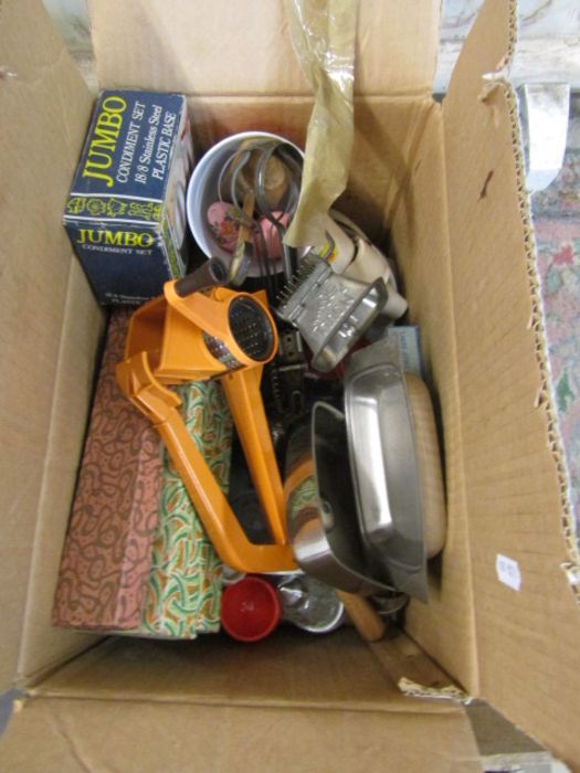 A stillage of mixed items to include china, glassware, kitchenalia, tools, leather bag, clocks, - Image 7 of 12