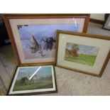Watercolour of a pastoral scene, African wildlife print and racing horse print