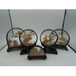 5 Chinese carved cork diorama's featuring cranes and pagoda's, various sizes, tallest approx 18cm