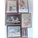 6 framed Oriental pictures to include stitch work, 3-D affect wooden and fabric etc..