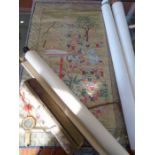 Three Oriental hanging scrolls , a silk wall hanging and a Feng Shui (good luck) mirror