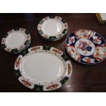 Imari ware bowl with scalloped edge (minor damage) and meat platter, 6 large plates and 6 smaller