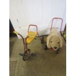 A vintage Raleigh childs trike, a push along dog, building blocks and a bag of dominoes