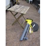 Challenge leaf blower and folding wooden garden table