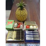 Bonzoline billiard balls, retro pineapple ice bucket, singer skirt marker and 2 knife sets