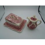 Masons Ironstone Vista pink and white pattern teapot and cheese dish