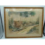 A signed framed watercolour depicting a Malaysian village 'Kampong Melayu'