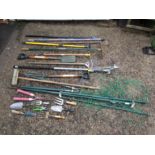 Garden tools including rakes, fork, shovel and edging shears etc