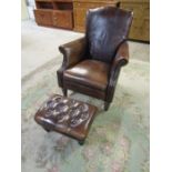 Brown high back armchair with matching footstool
