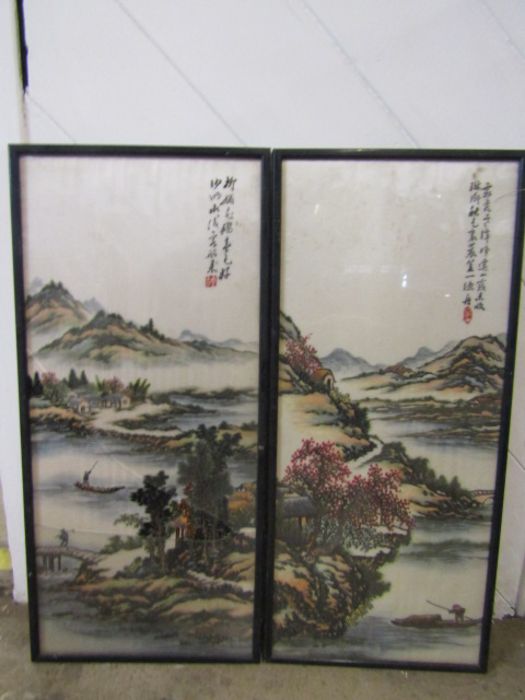 A pair of Japanese silk embroideries 30x13.5"