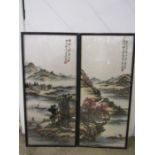 A pair of Japanese silk embroideries 30x13.5"