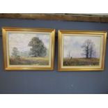 M.B Herring pair of oil on canvas of a Norfolk (Stradsett estate) field in autumn & in winter with