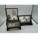 3 Chinese carved cork diorama's, rectangular shaped featuring cranes, pavilions and pagoda's,
