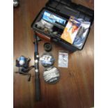 A tackle box with contents, shakespeare lightweight rod and reel, reels and line