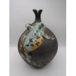 A studio pottery vase with frog design 11" tall