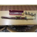 Samurai sword L70cm approx, knife in case and sword wall mounts.