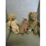 3 vintage bears- very old and well loved, one has moveable arms and legs