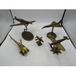 4 Brass aeroplanes on stands and brass helicopter