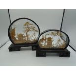 2 Chinese carved cork diorama's featuring cranes and pergolas, largest 23cm tall