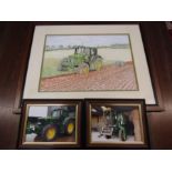 A signed drawing of a John Deere ploughing a field and 2 photo's of John Deer tractor and combine