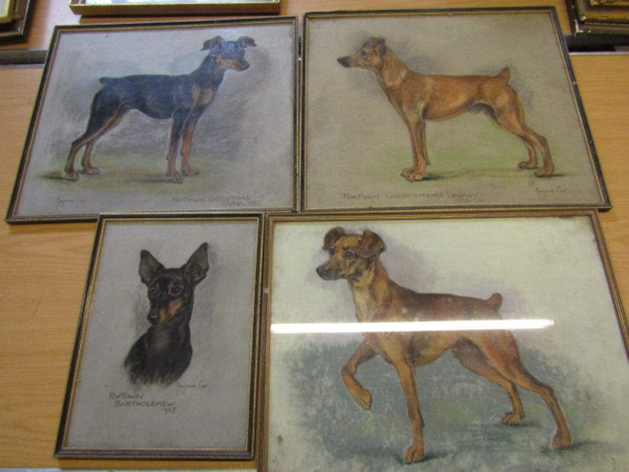 Marjorie Cox pastels of 'Foxtown' dogs x4 and one other by the same artist