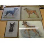 Marjorie Cox pastels of 'Foxtown' dogs x4 and one other by the same artist