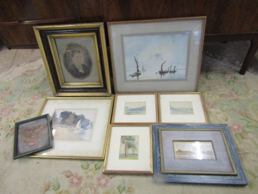 Framed colour sketches, oil on board and prints