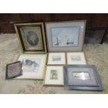 Framed colour sketches, oil on board and prints