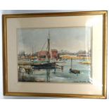 Olivia Phillips watercolour depicting boats moored in an estuary dated 1964 framed and glazed 51 x