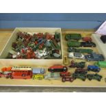 Die cast cars and a box of various soldiers, indians, animals etc