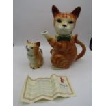 Wood pottery ginger cat teapot and creamer