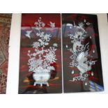 2 Oriental wooden painted panels with mother of pearl inlaid decoration