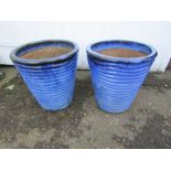 Pair of blue glazed ceramic garden pots H42cm approx