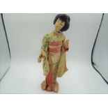 12.5" Vintage Nishi Japanese Geisha girl cloth doll on a wooden base some damage to kimono at the