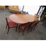 6 G-Plan chairs with upholstered seats and cane backs and retro extending dining table