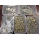 5 tubs of coinage- Post Victorian 6d, 2/6, thrift 3d, shillings