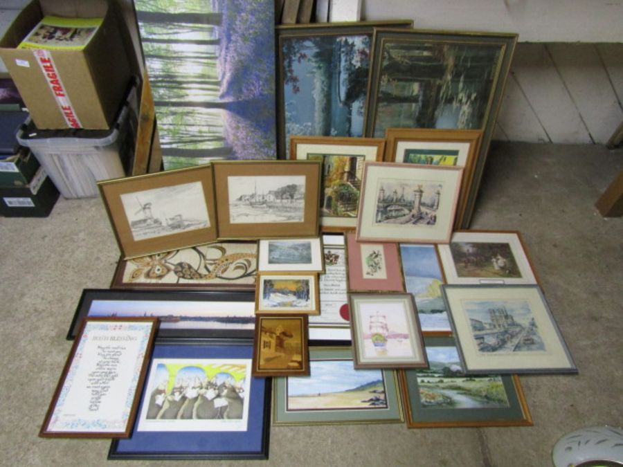 Framed mixed media pictures including watercolours, sketches and prints