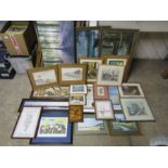 Framed mixed media pictures including watercolours, sketches and prints