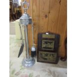Fireplace companion set(missing one piece) and oak and brass letter holder