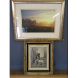 A photo of sheep on a field at sunset and a print titled 'Gamekeeper'