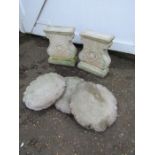 Pair of concrete garden bench ends and 3 stepping stones