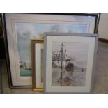 D. Ward watercolour of a harbour and fishing scene, 'Mary Rose' sailing ship print with cert of