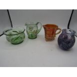 Hand painted daisy jug and bowl, carnival glass jug and a small vase