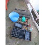 Gardening items including plant pots and trays, roofing felt and tools etc