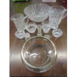 Cut glass jugs, vase, frogs, a punch bowl and fruit bowl