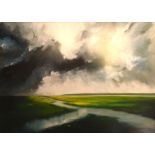 Mick Grady acrylic on board landscape of storm over a fenland estuary scene, framed, mounted and