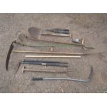 Garden tools including scythes and shovel etc